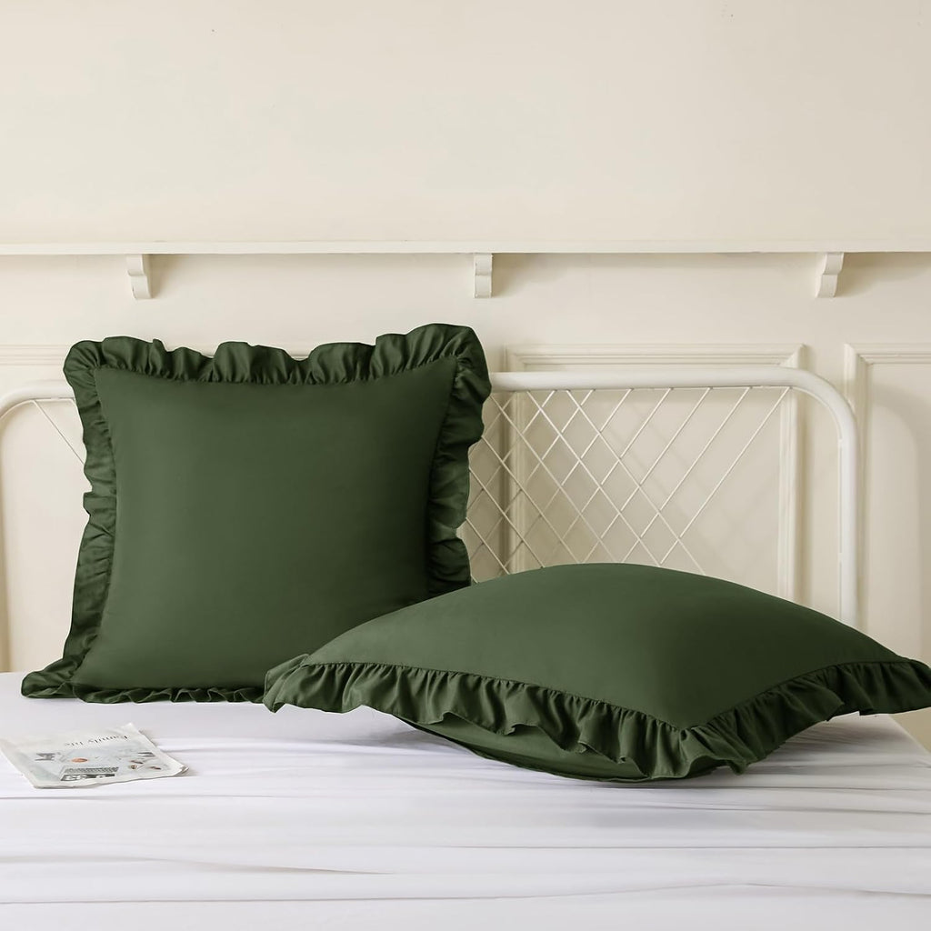 KKJIAF Ruffle Pillow Cases 26x26 Inches, Olive Green Square Ruffled Pillow Covers Set of 2, Microfiber Wrinkle Resistant Pillow Shams…