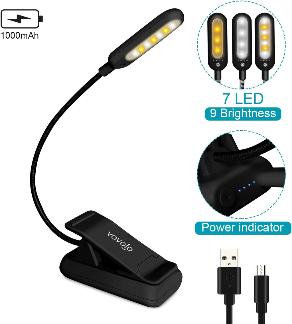 VAVOFO Rechargeable Reading Light, 7 LEDs with 9 Color Temperature 9 Brightness Levels Clip On Book Light for Reading in Bed with Power…