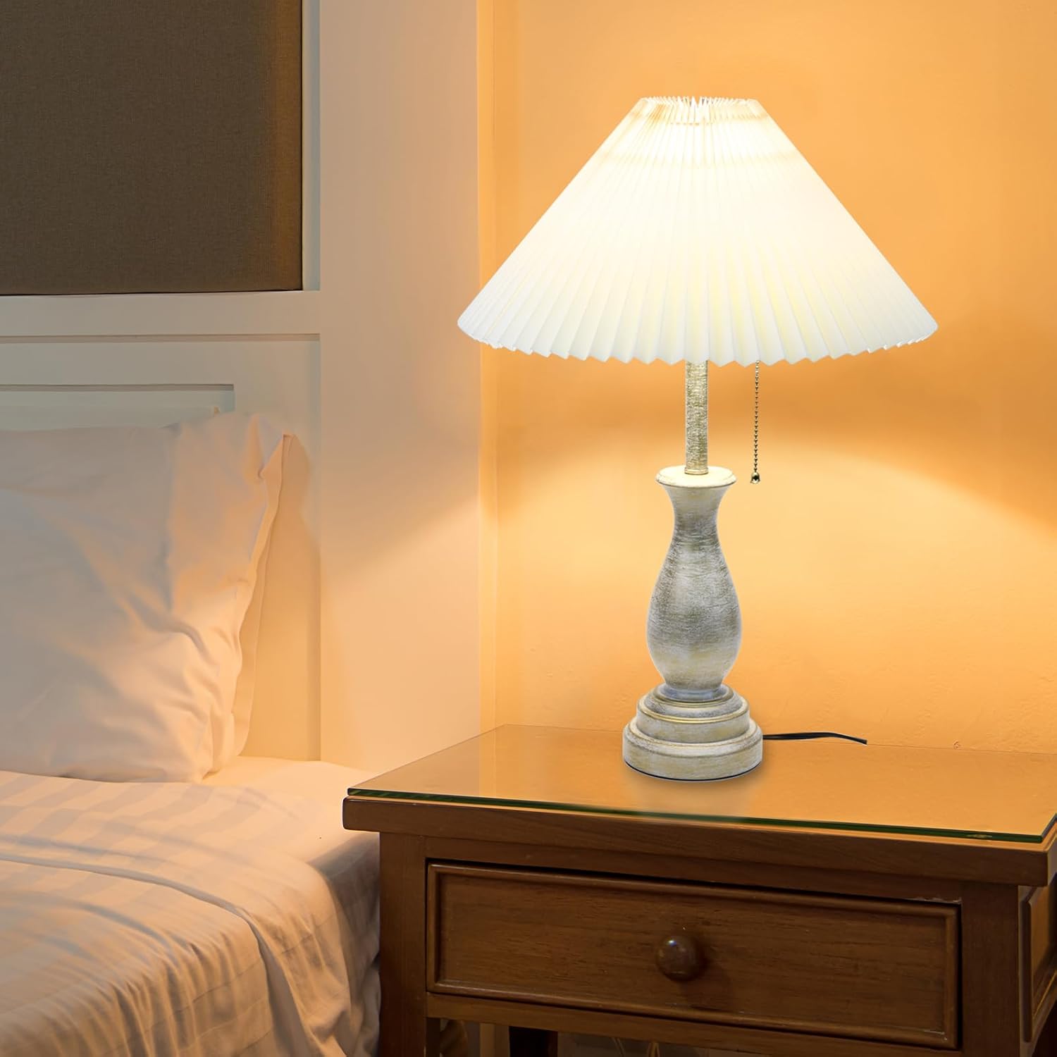 Farmhouse Table Lamp with Pull Chain Switch Control 3-Way Dimmable Table Lamp, Modern Nightstand Lamp Bedside Desk Lamp with Fabric Shade…