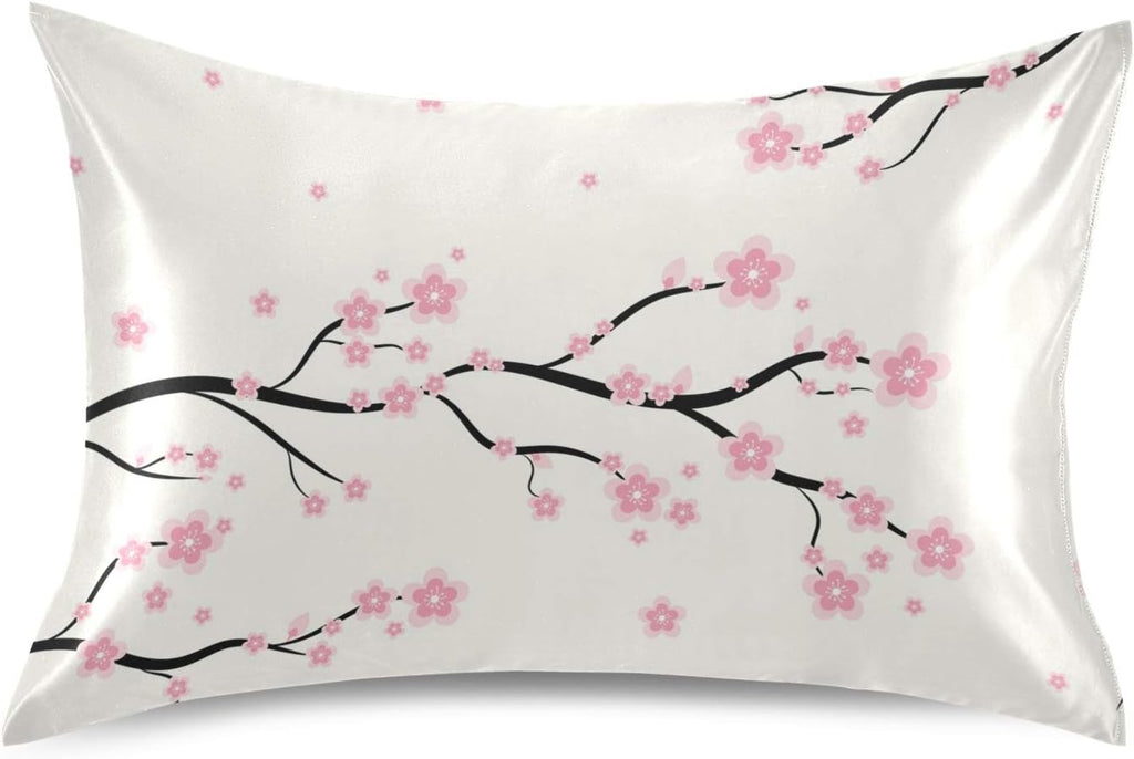 Blueangle Floral Sakura Pattern Satin Pillowcase for Hair and Skin Silk Pillowcase, Queen Size(20x30 inches) - Satin Pillow Covers with…