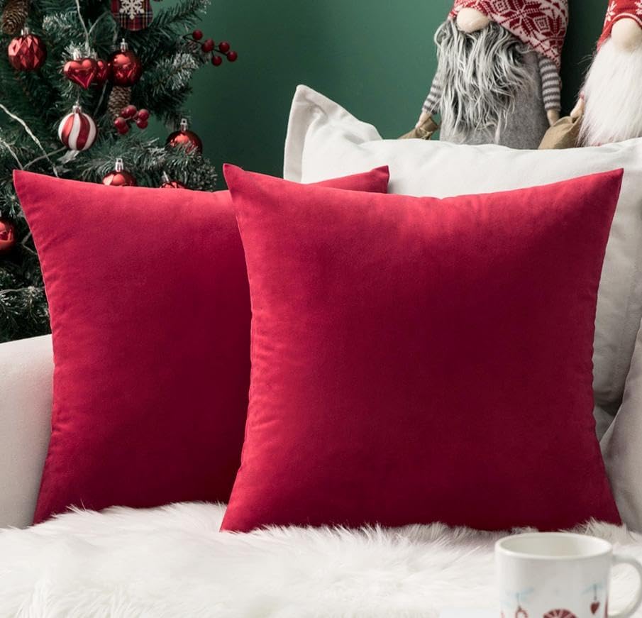 Miulee 24x24 Inch Euro Sham Velvet Pillow Covers, Set of 2 Large Square Decorative Pillows -Red Super Soft for King Bed, Sofa, Couch, Accen…