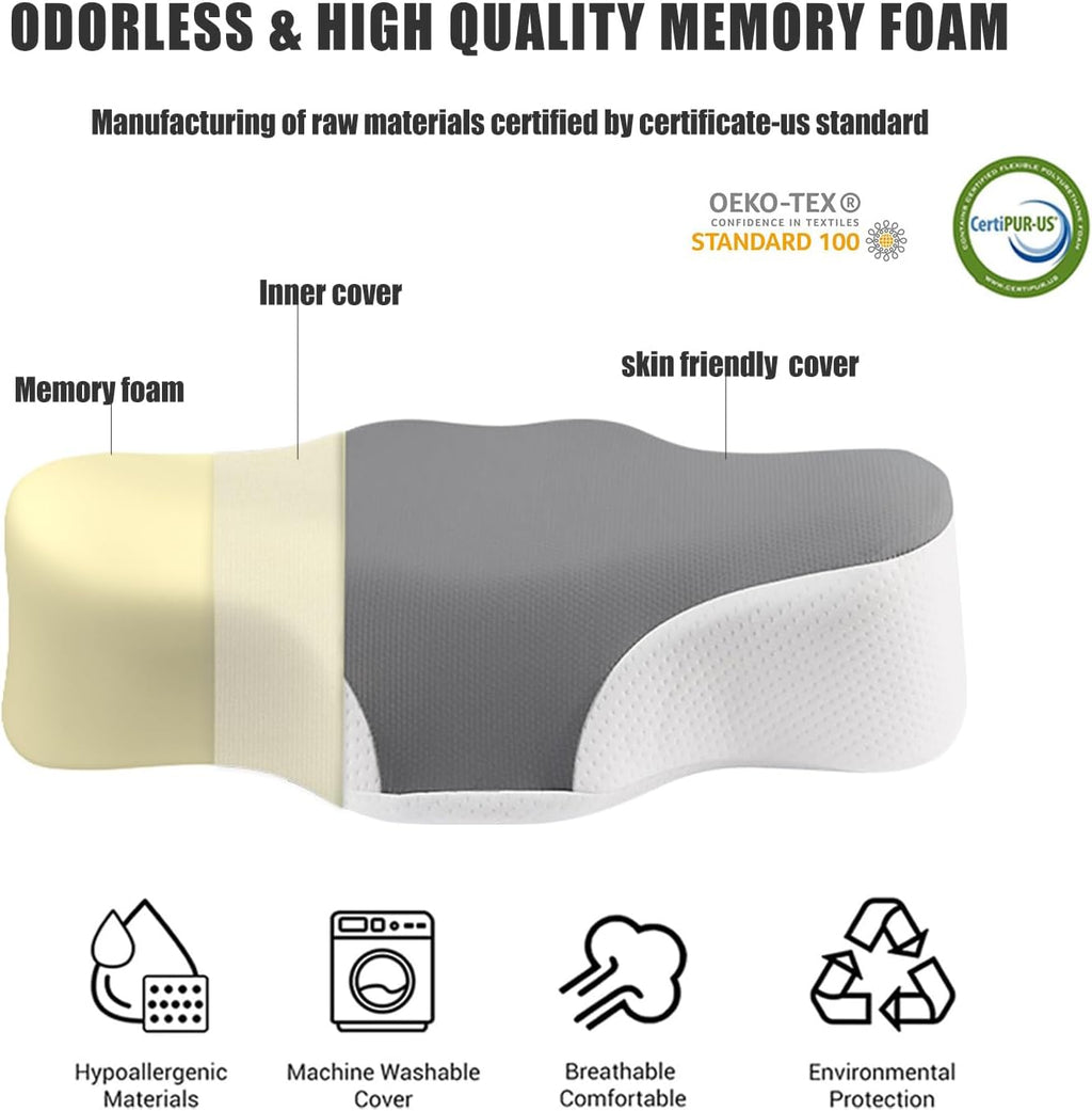 Bespilow Travel Cervical Pillow for Sleeping, Small Memory Foam Neck Pillow with Cooling Washable Cover, Compact Ergonomic Neck Support…