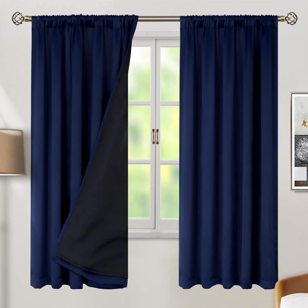 BGment Navy Blue 100% Blackout Curtains 72 Inches Long with Black Liner, Rod Pocket and Back Tab Double Layer Full Room Darkening Thermal…
