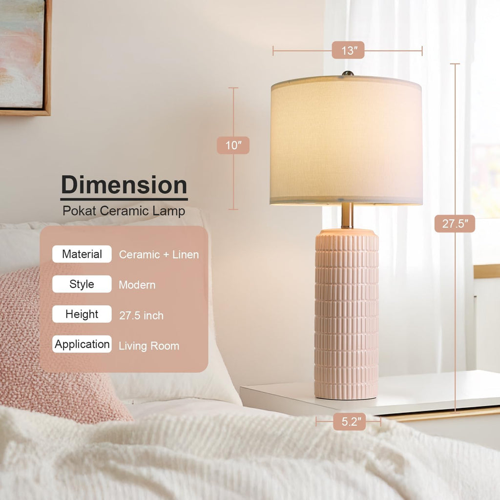 PoKat 27.5" Pink Ceramic Table Lamps for Girls Room Set of 2, Modern Bedroom Lamps, Bedside Lamps for Night Stands Living Room, Cute…