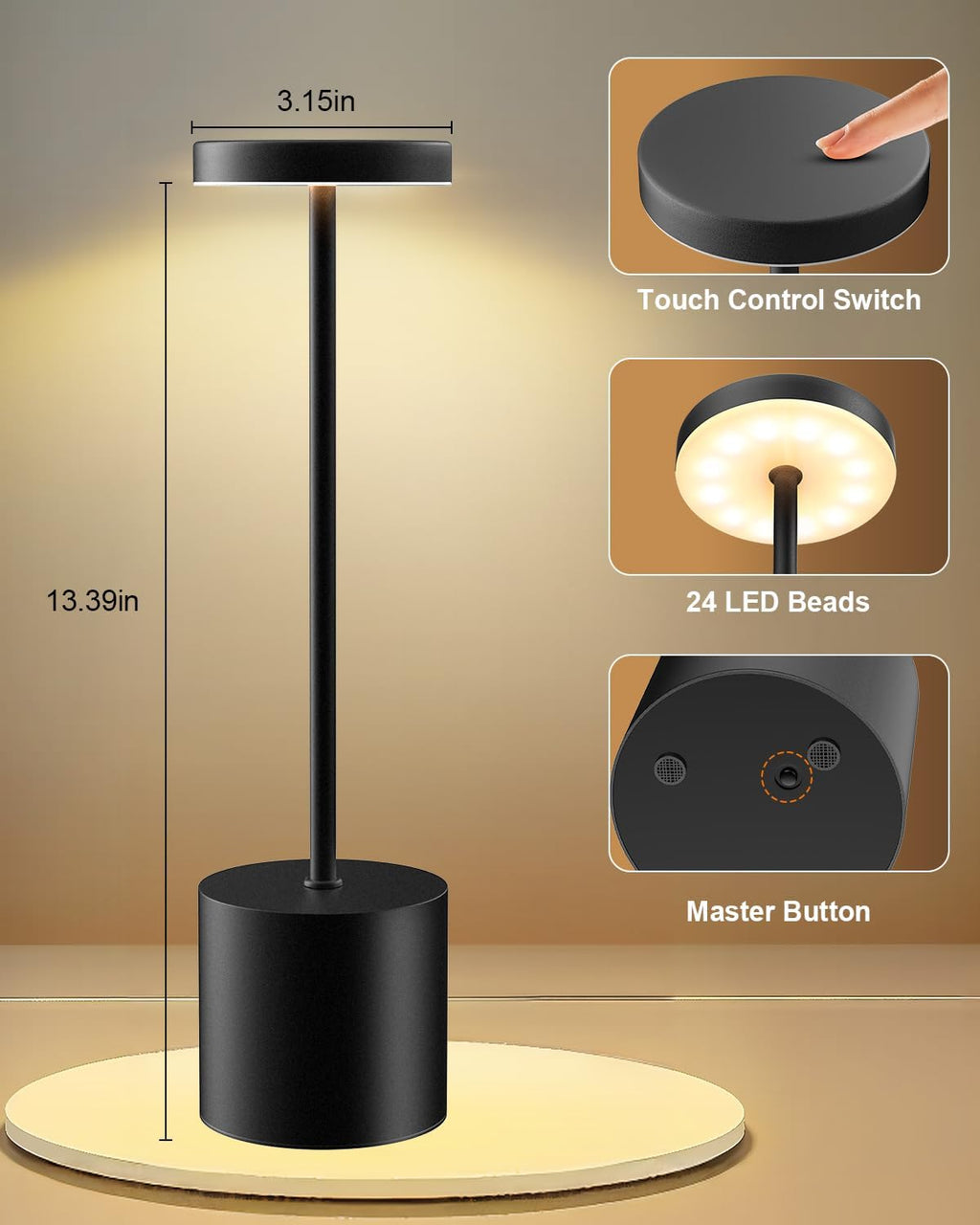 Swinerton Black Cordless Table Lamp, Rechargeable 5000mAh Battery Powered Wireless Table Light, 3 Color Dimmable Lighting, Patio Outdoor…