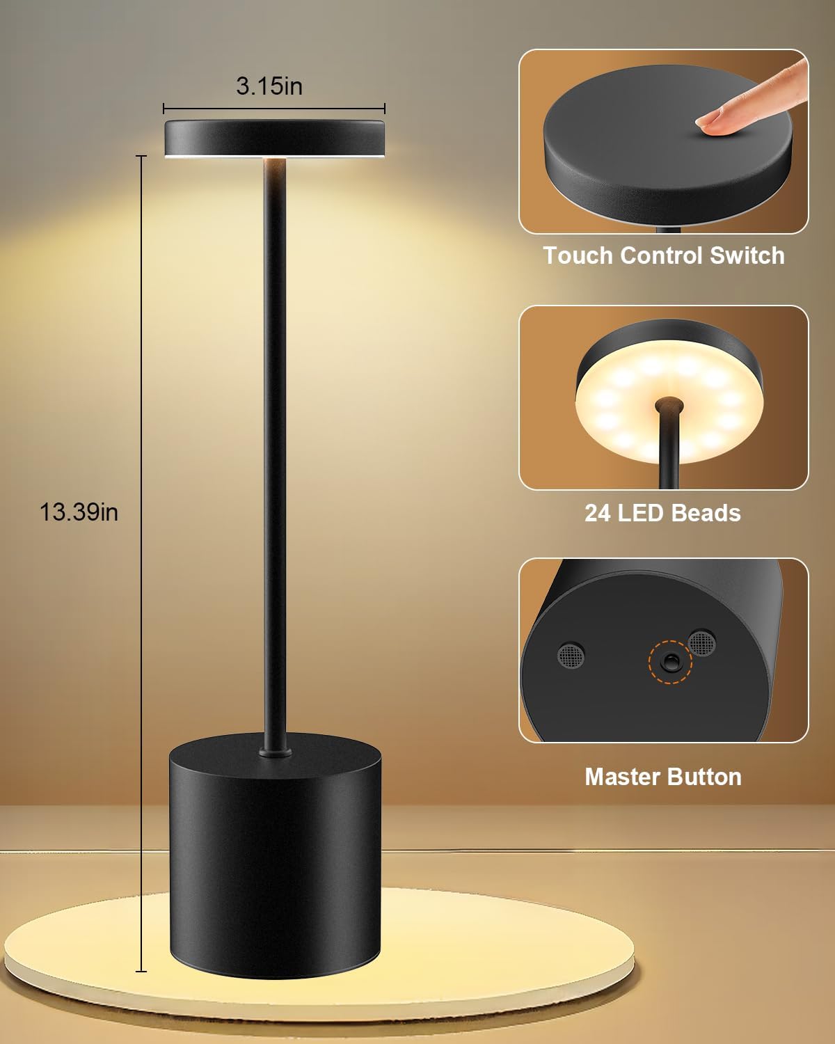 Swinerton Black Cordless Table Lamp, Rechargeable 5000mAh Battery Powered Wireless Table Light, 3 Color Dimmable Lighting, Patio Outdoor…