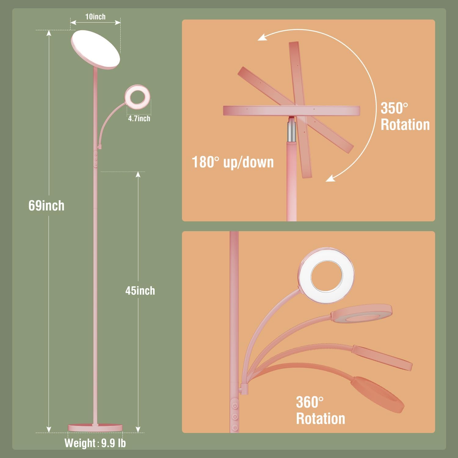 Marctronic Pink Floor Lamp, 42W 4000LM Super Bright LED Room Lamp with Adjustable Reading Light, Dimmable Modern Standing Lamp with Remote &…