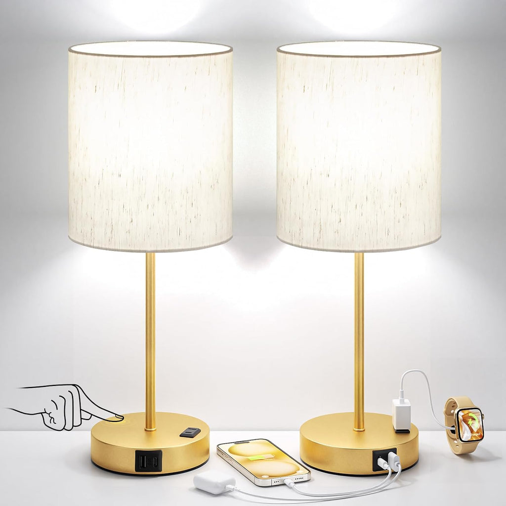 Fenmzeelighting Gold Touch Lamps for Nightstand Set of 2 - Bedside Table Lamp for Bedroom with Dual USB Ports & AC Outlet, 3-Way Dimmable L…