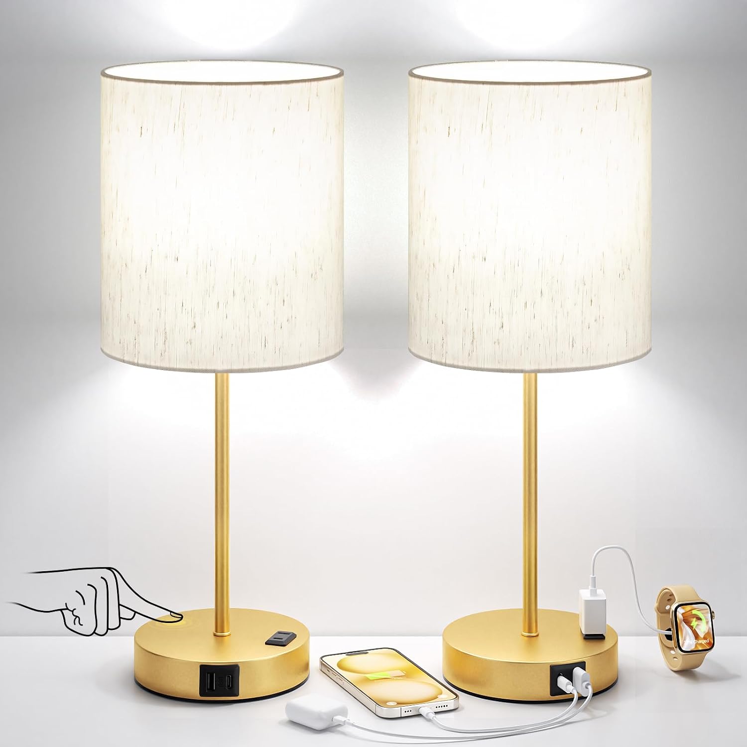 Fenmzeelighting Gold Touch Lamps for Nightstand Set of 2 - Bedside Table Lamp for Bedroom with Dual USB Ports & AC Outlet, 3-Way Dimmable L…