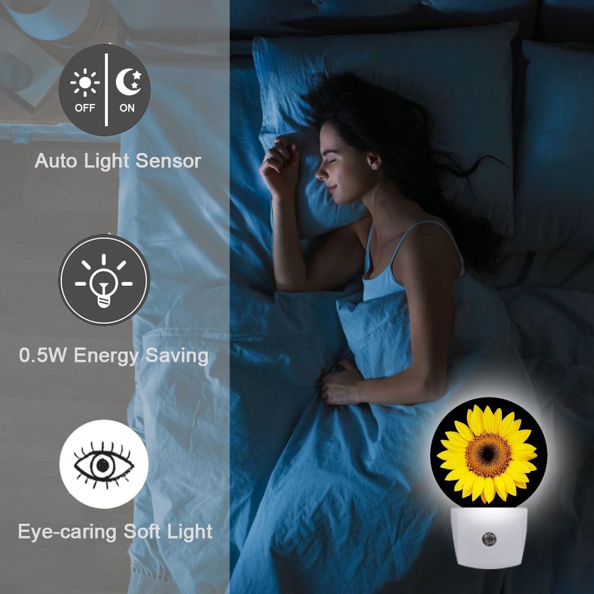 Yellow Sunflower Plug in Night Light Auto Light Round Lamps Energy Saving Gift for Women Men Friends