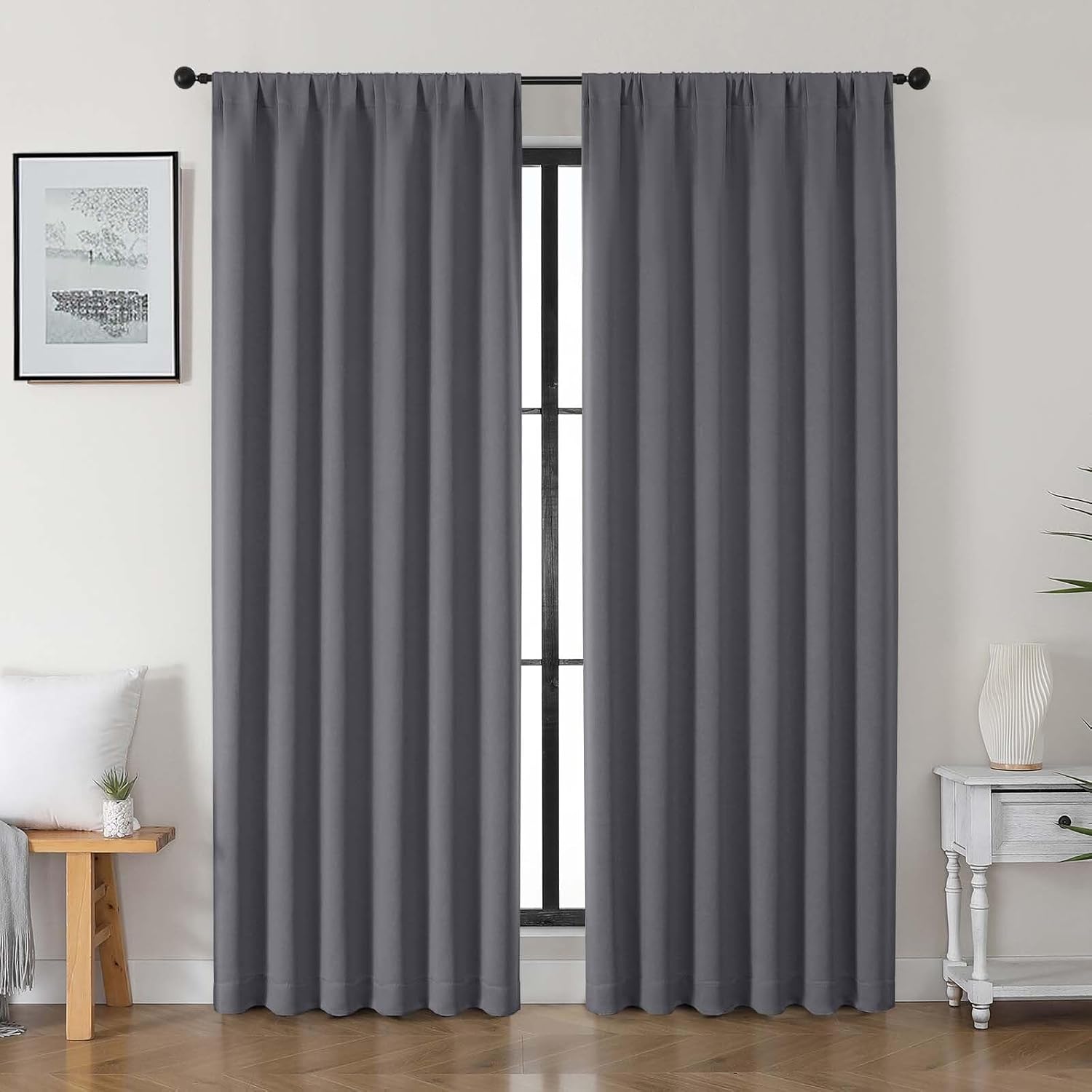 Gwine Charcoal Grey Blackout Curtains for Bedroom 90 inches Long 2 Panels Set, Solid Noise Reducing Thermal Insulated Blackout Curtains…