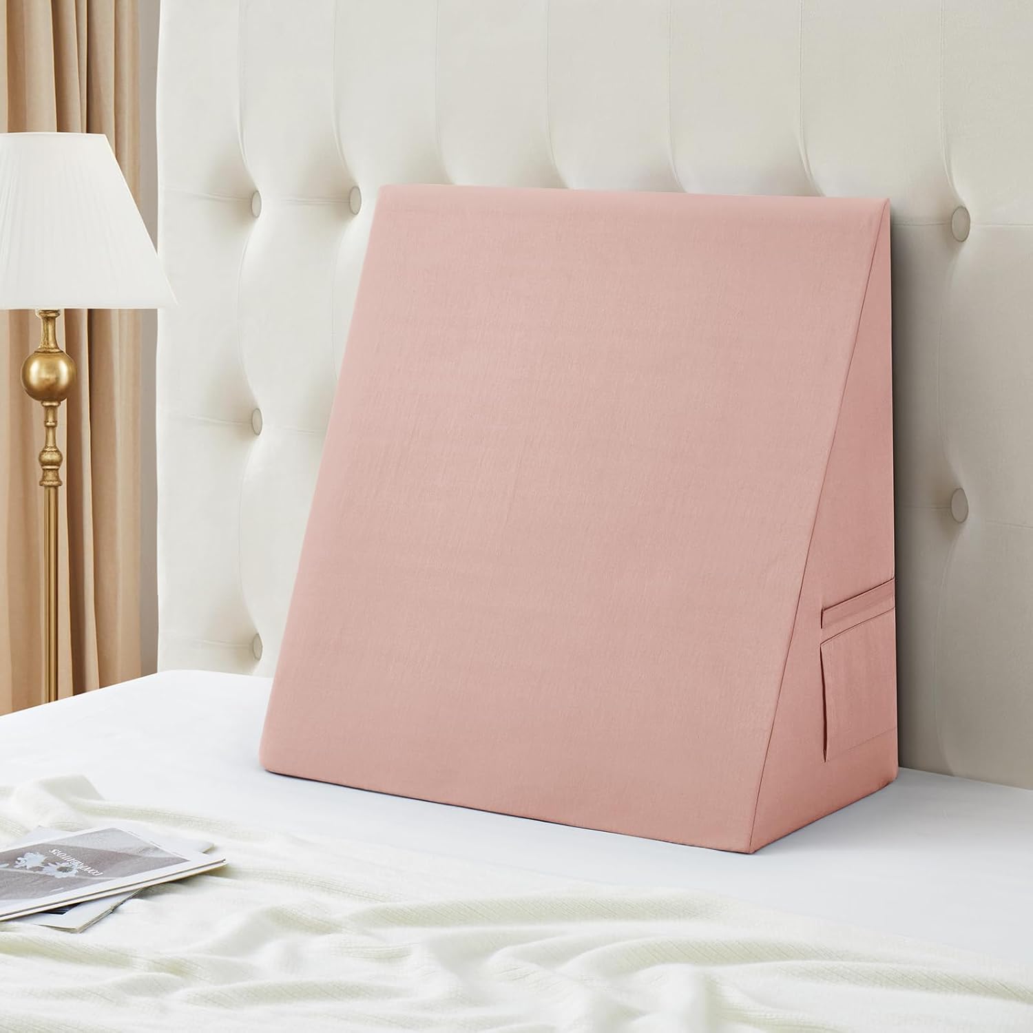 Cotton Wedge Pillow Cover for 24" x 24" x 10" Wedge Bed Pillow, Zippered Wedge Pillow Case Protector with Side Pocket, Dusty Pink (Pillow…