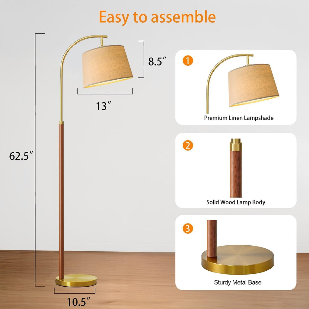 G-SAFAVA Real Wood Floor Lamps for Living Room Bedroom, 62.5" Mid Century Modern Lamp Gold Standing Tall Arc Lamps with Foot Switch…
