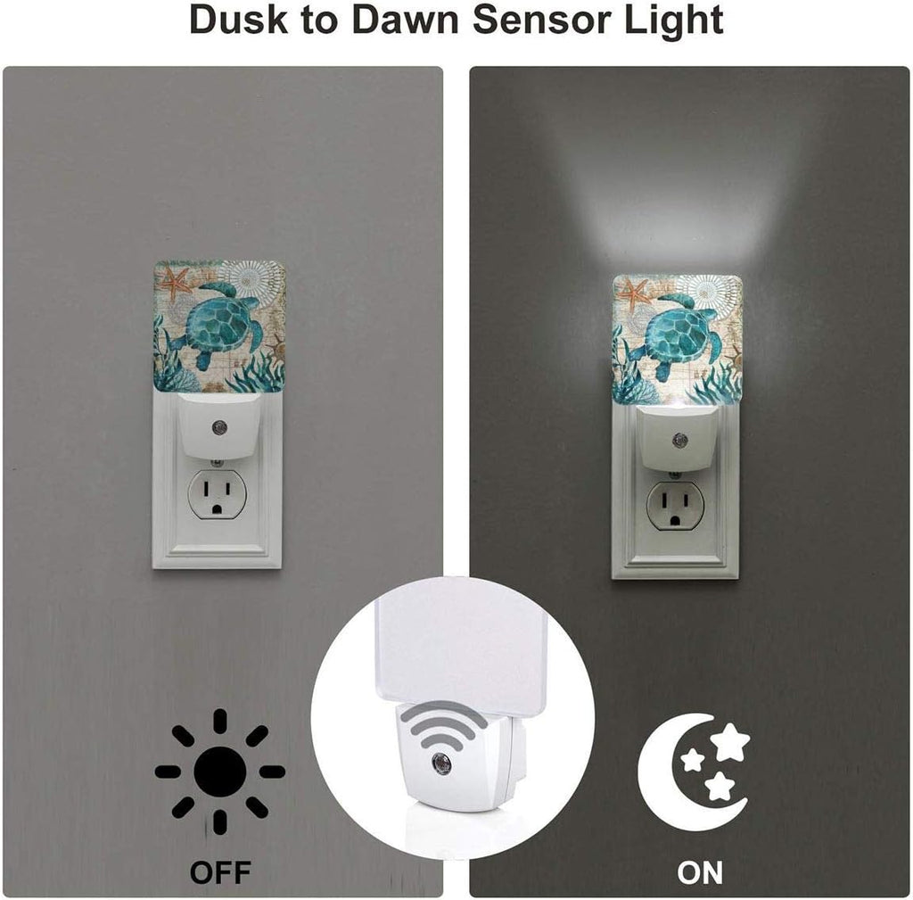 Aieefun Set of 2 Led Night Lights, Vintage Ocean Turtle Starfish World Map Auto Dusk-to-Dawn Sensor Night Lamp Plug-in Home Decorative…