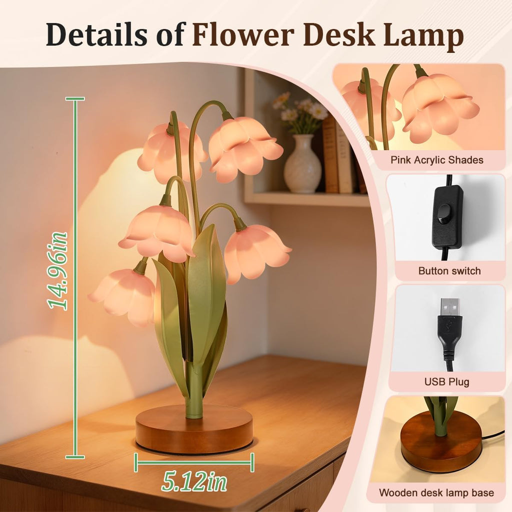 Flower Table Lamp for Bedroom, Cute Reading Light with 5 Pink Tulip Flower of The Valley, Desk Lamp Bedside Lamps for Nightstands Home…