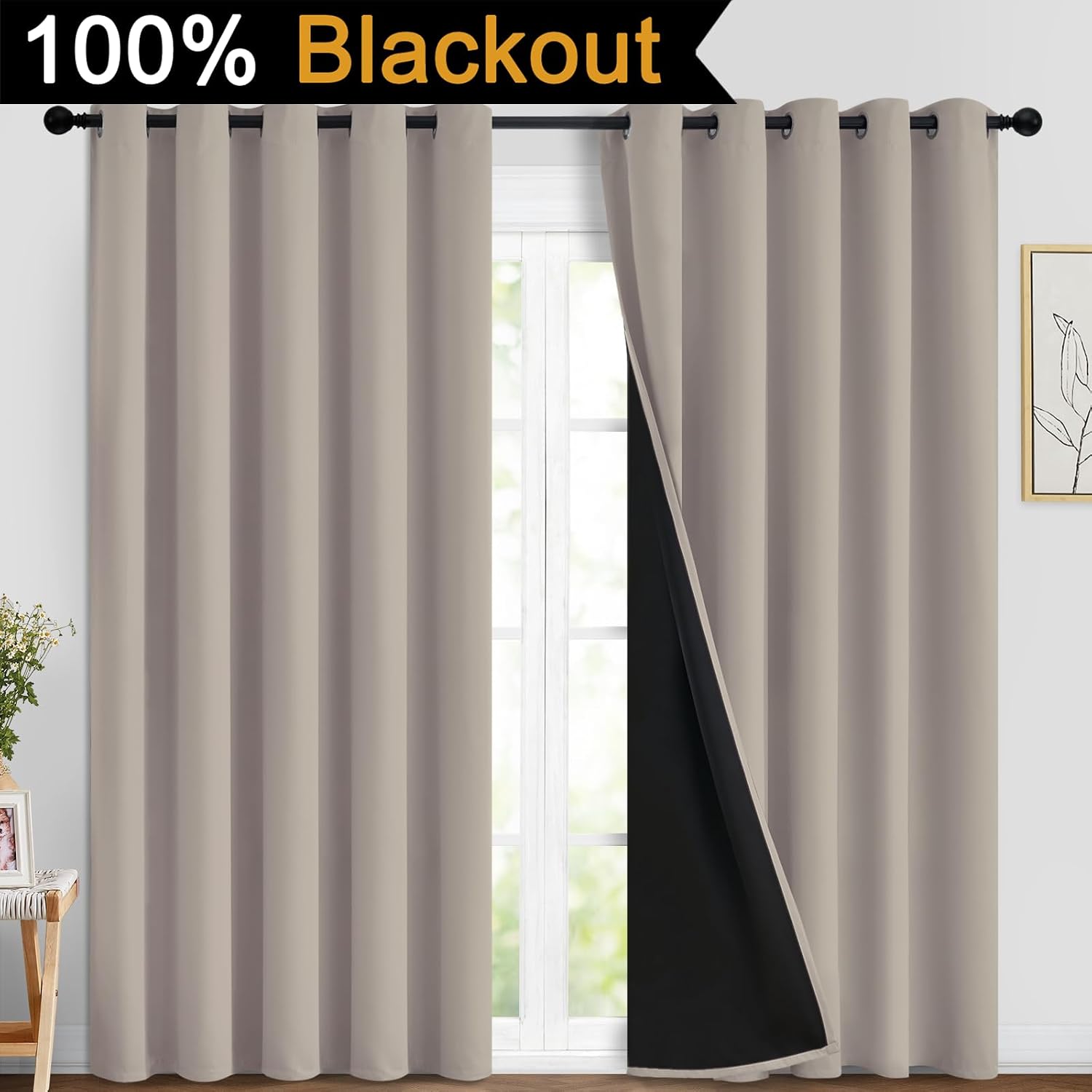 Yakamok 100% Blackout Curtains 84 Inches Long, 2 Thick Layers Heat and Full Light Blocking Soft Thermal Insulated Drapes for Bedroom(70" Wi…