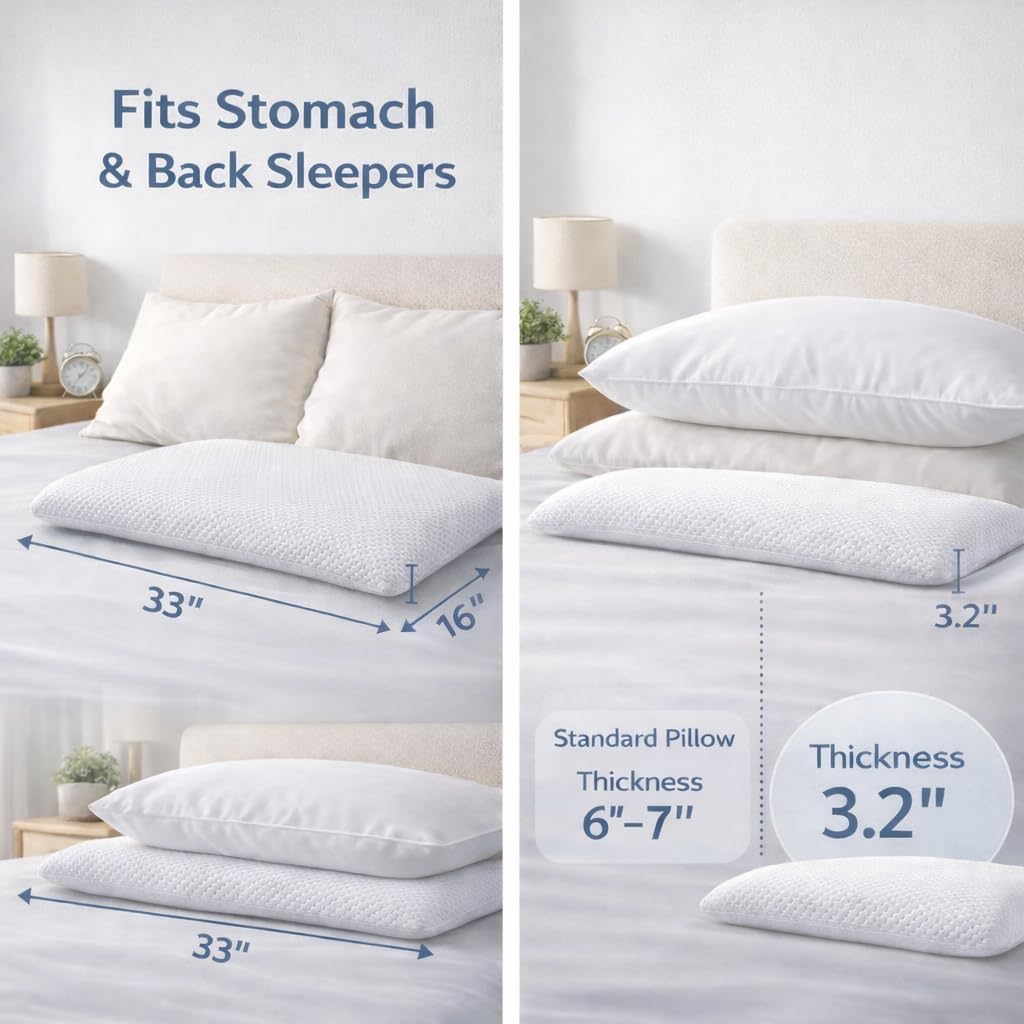 Dlight Bd 3.2" Stomach Sleeping Memory Foam Pillow-Thin, Flat, Soft Yet Supportative for Belly, Back& Stomach Sleepers (3.2" -King…