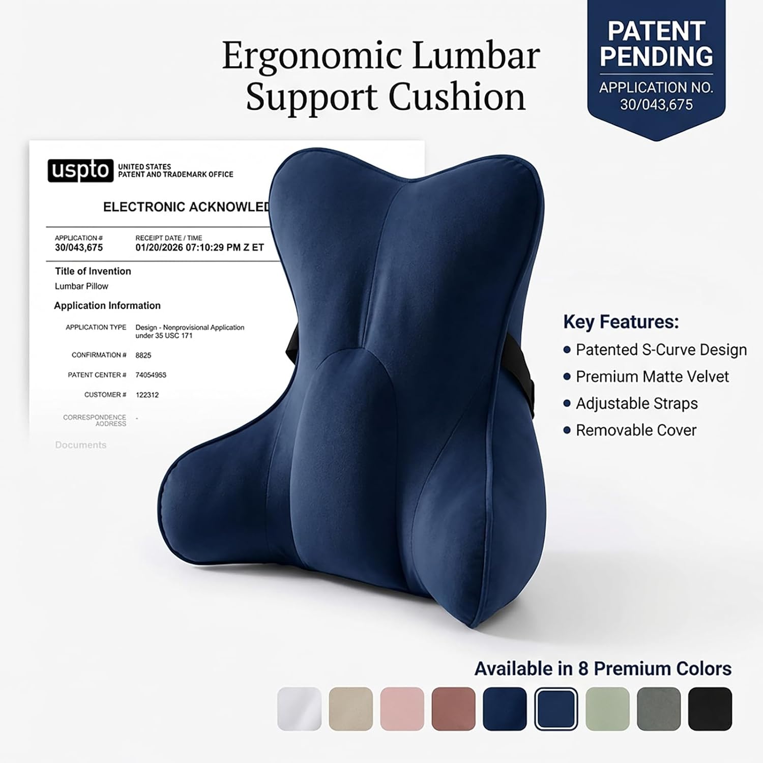 Lumbar Support Pillow(Pat. Pend) – Multi-Functional Ergonomic Back Cushion for Office Chair, Car Seat & Sofa, Reading Pillow with Firm…