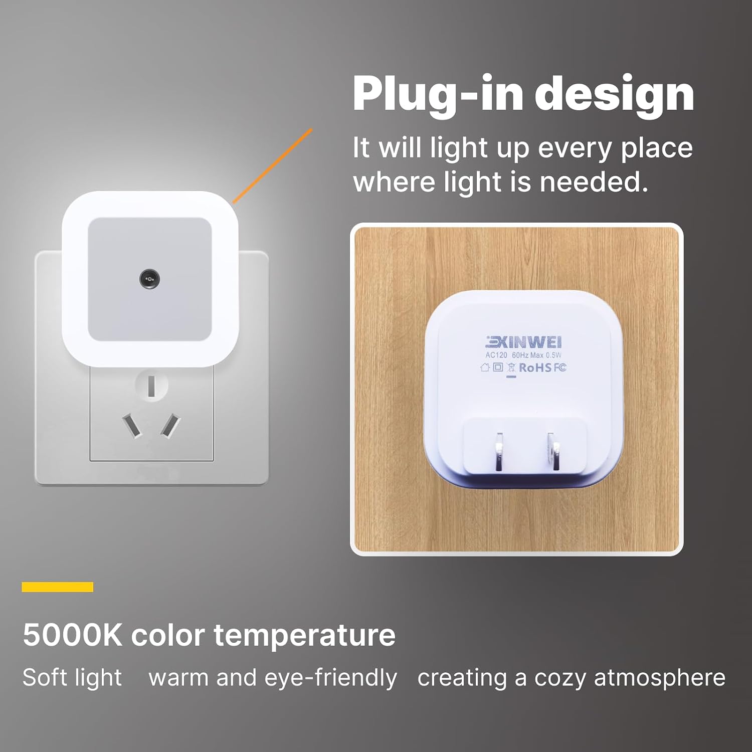 Night Lights Plug into Wall, Automatic LED Night Light with Dusk to Dawn Sensor, Modern Square Night Lite for Hallway & Bedroom, 0.5W…