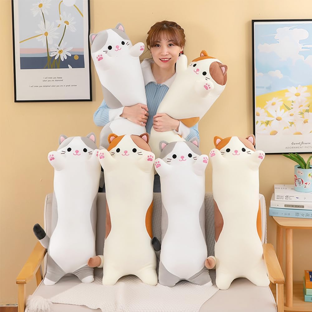 Cat Plush Stuffed Animals Cute Long Cat Body Pillow Plushies Soft Huggable Kitty Pillows for Girls Kids Adults Cat Lovers (New Beige…