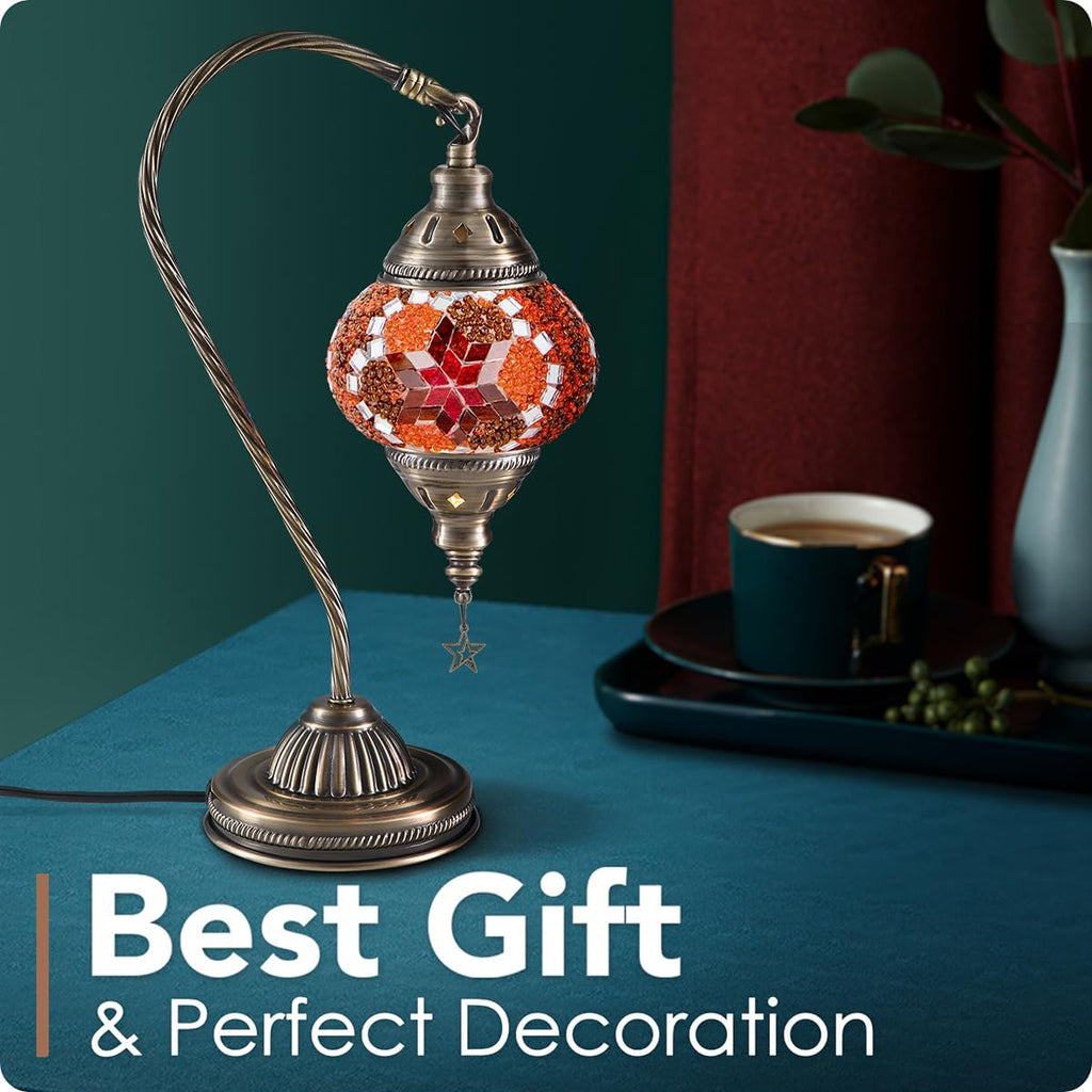 Yarra-Decor Turkish Moroccan Lamp with Bronze Base 3-Way Color Changing Handmade Swan Neck Tiffany Mosaic Glass Bedside Lamps for Bedroom…