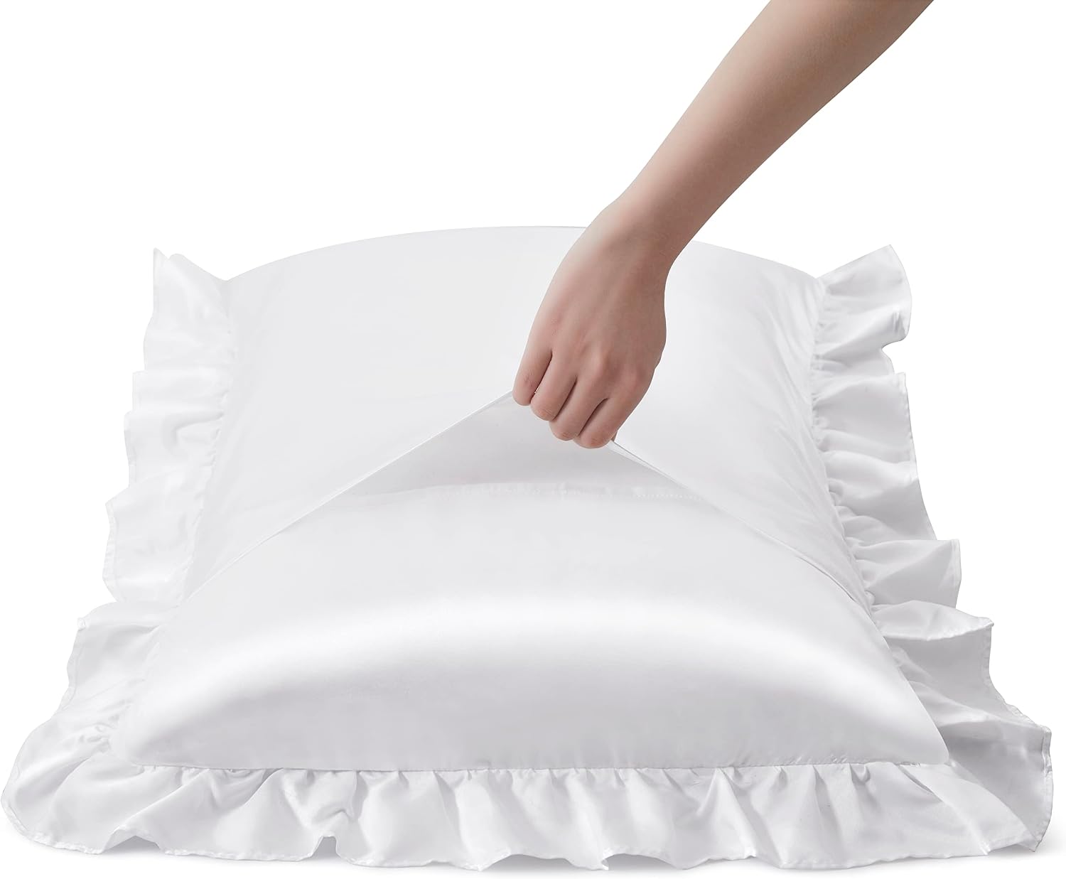 HommxJF White Satin Ruffled Pillow Cases for Hair and Skin, White Silk Pillowcases Standard Set of 2 with Envelope Closure Princess Room Dec…