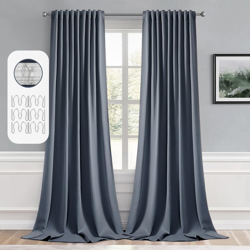 Miulee Stone Blue Back Tab Blackout Curtains 102 Inch Long 2 Panels Set for Bedroom, Rod Pocket/Pinch Pleated Thermal Insulated Living Room…