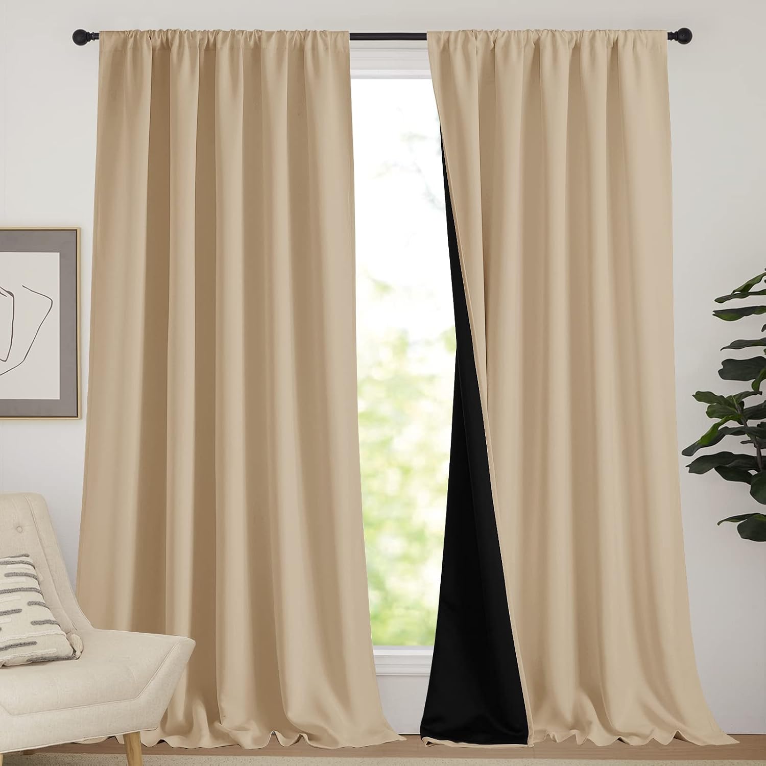 Nicetown Thermal Insulated 100% Blackout Curtains, Rod Pocket Noise Reducing Drapes with Black Lining, Full Light Blocking Drapery Panels f…