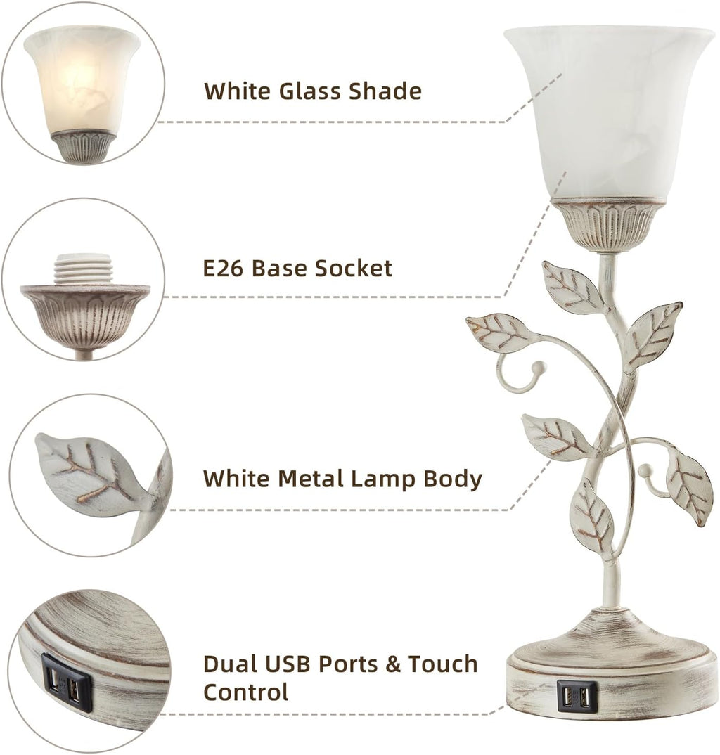 Rustic Touch Table Lamp for Bedroom, 3-Way Dimmable Nightstand Lamp with 2 USB Ports, Retro Vintage White Glass Shade Leaf Desk Lamp for…