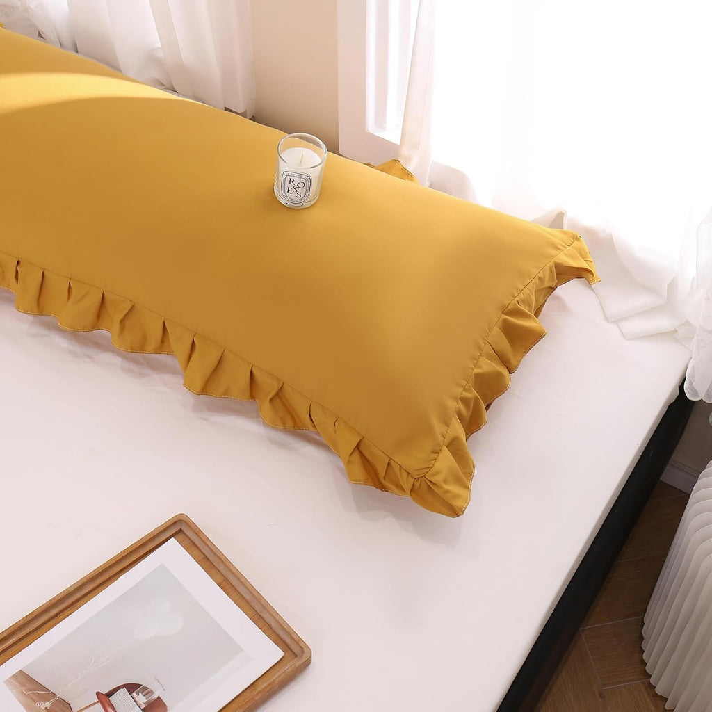 Merryword Mustard Yellow Body Pillow Cover 20x54inches Long Pillowcase Yellow Ruffled Chic Boho Pillowcases Ruffled Fringe Decor Body Ruffl…