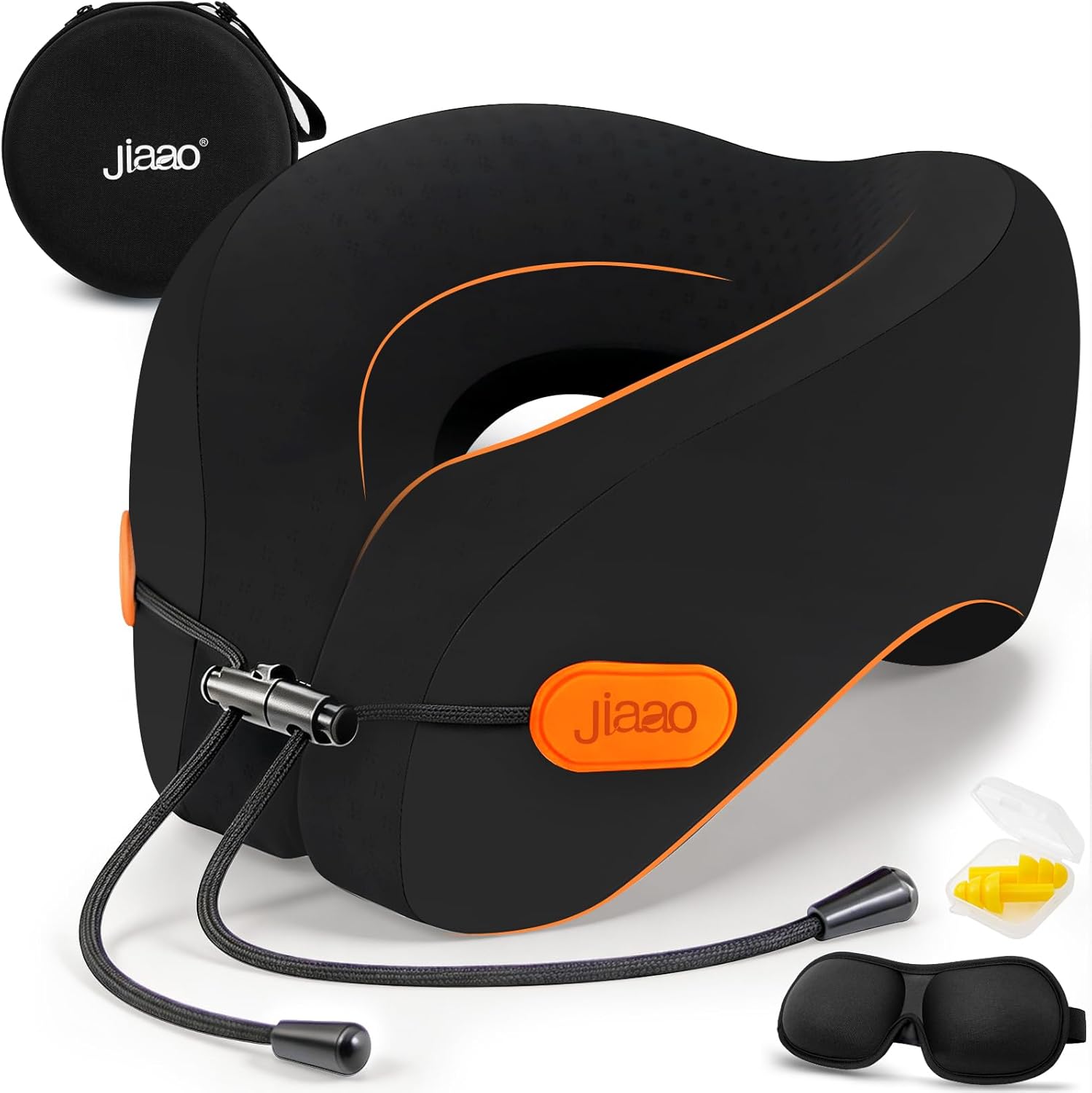 jiaao Travel Pillow Memory Foam Neck Pillow for Airplanes with Adjustable Neck Support, Includes Eye Mask, Earplugs & Storage Bag…