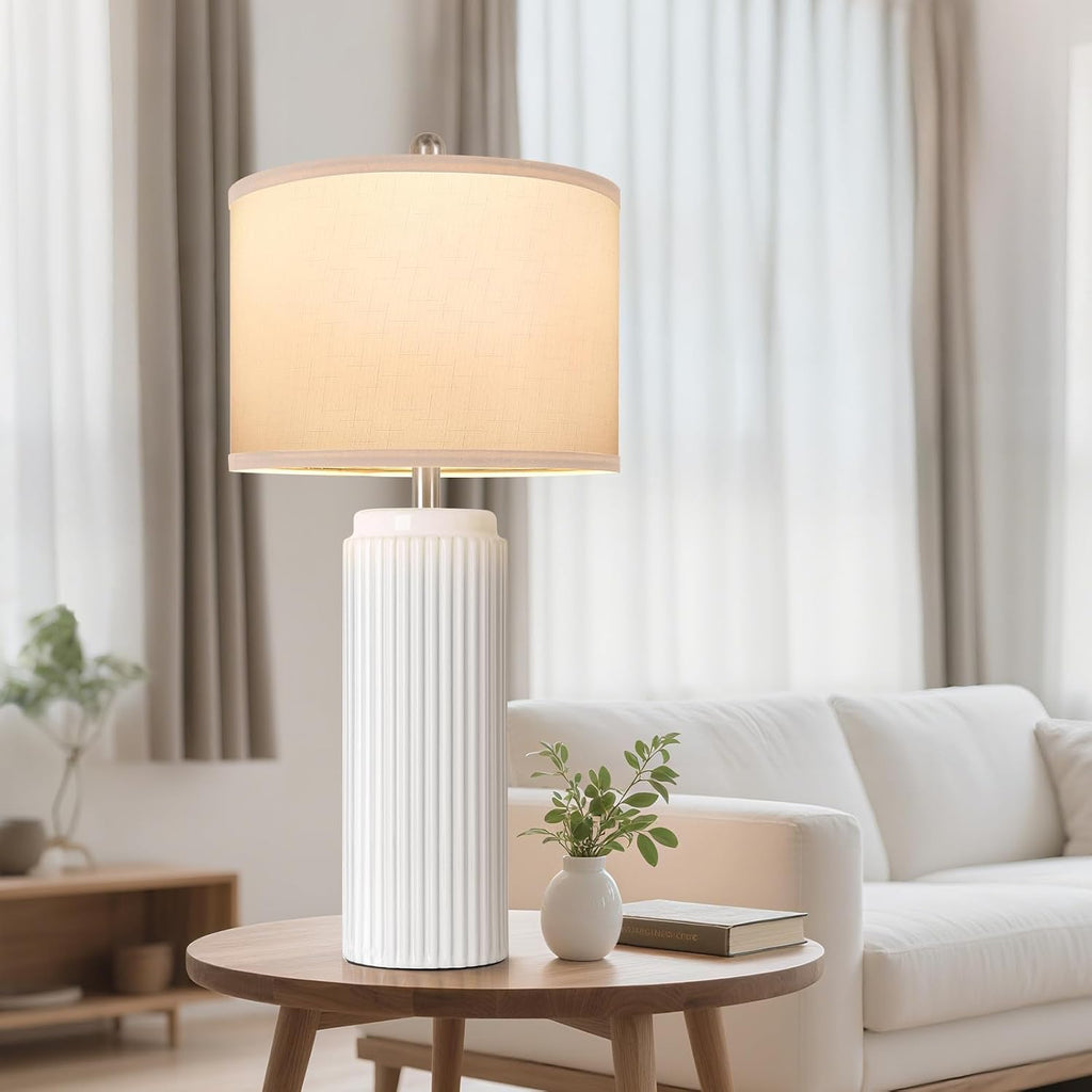 Tobusa 28’’ Modern White Ceramic Lamps Set of 2 for Living Room, Vintage Nightstand Lamps for Bedroom, Farmhouse Bedside Lamps with Linen S…