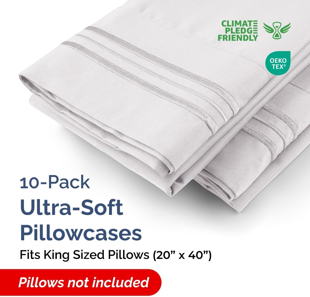 King Pillow Cases Set of 10 - Ultra Soft Hotel Quality Pillowcase Covers - Comfy, Cozy & Wrinkle Free - Shrink, Stain and Fade Resistant…
