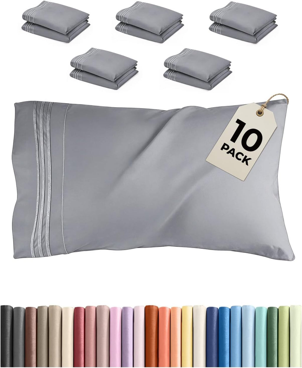 Queen Pillow Cases Set of 10 - Ultra Soft Hotel Quality Pillowcase Covers - Comfy, Cozy & Wrinkle Free - Shrink, Stain & Fade Resistant…
