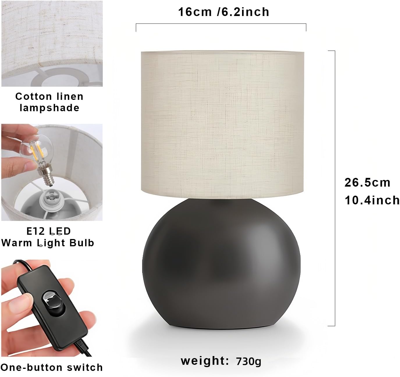 Modern Small Table Lamp Set of 2, Minimalist Metal Nightstand Bedside Lamps with One-Button Inline Switch, 10.4 Inch Desk Light for…