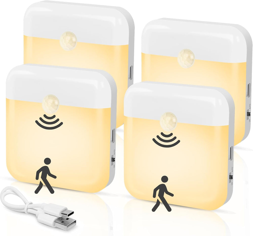 4 Pack Motion Sensor Night Light, Rechargeable Battery Night Lights Warm White, Portable Mini Motion Activated Night Light for Wall…