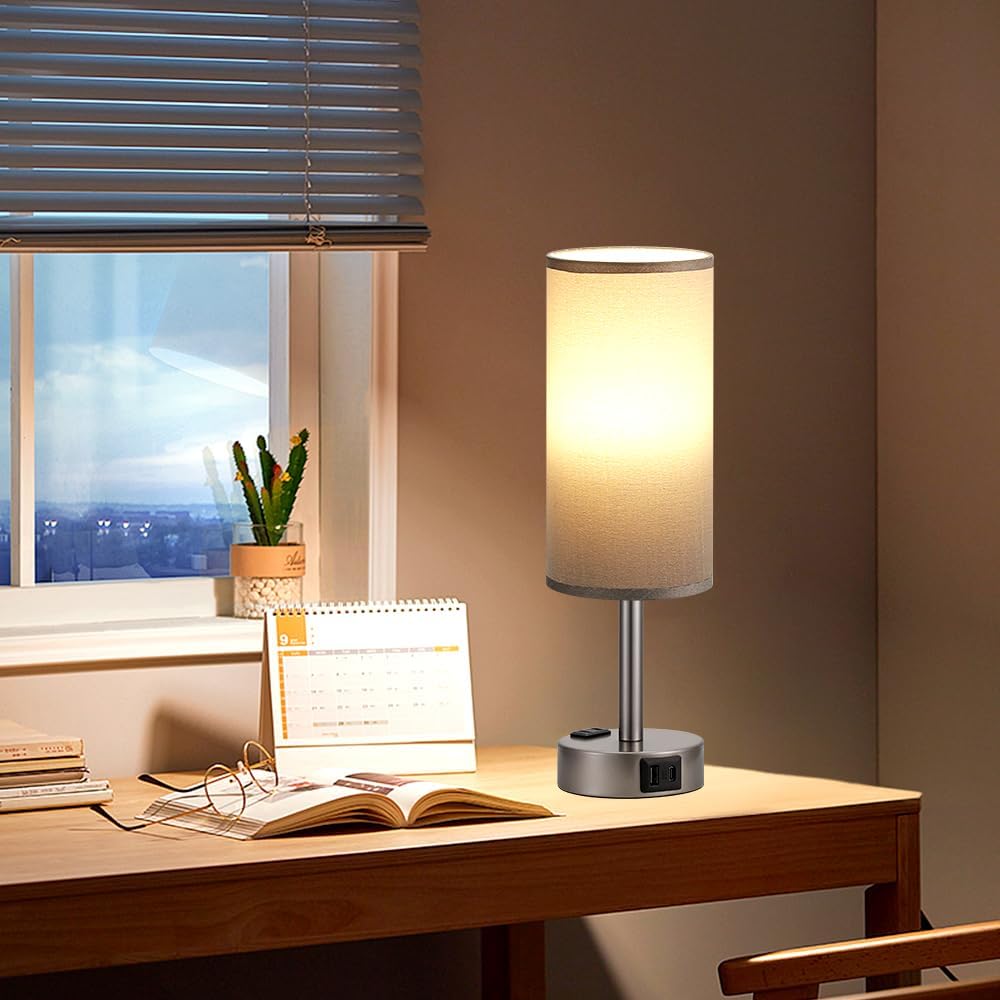 Fenmzee Grey Bedside Table Lamp for Bedroom - 3 Way Dimmable Touch Lamp USB C Charging Ports and AC Outlet, Small Lamp for Living Room…