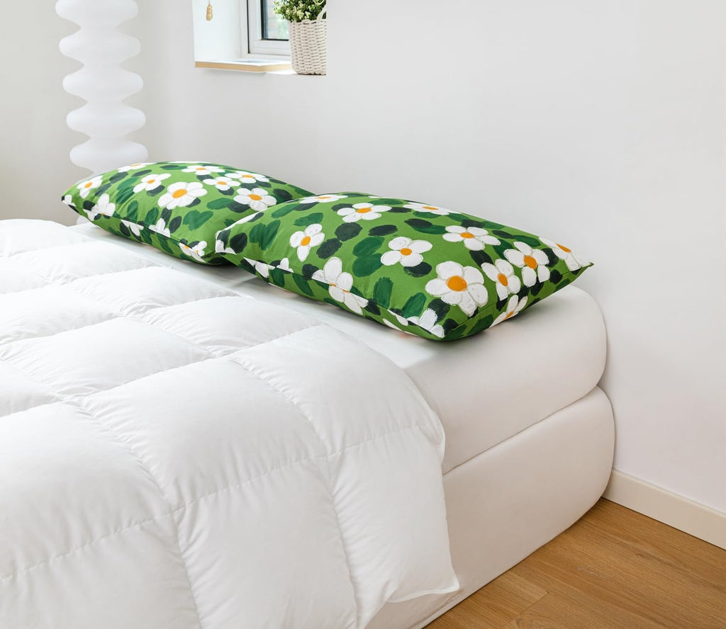YuHeGuoJi Green Pillow Cases Set of 2 Queen 100% Cotton Floral Pillow Covers Decorative Watercolor Botanical Duvet Cover with Zipper Ties 2…