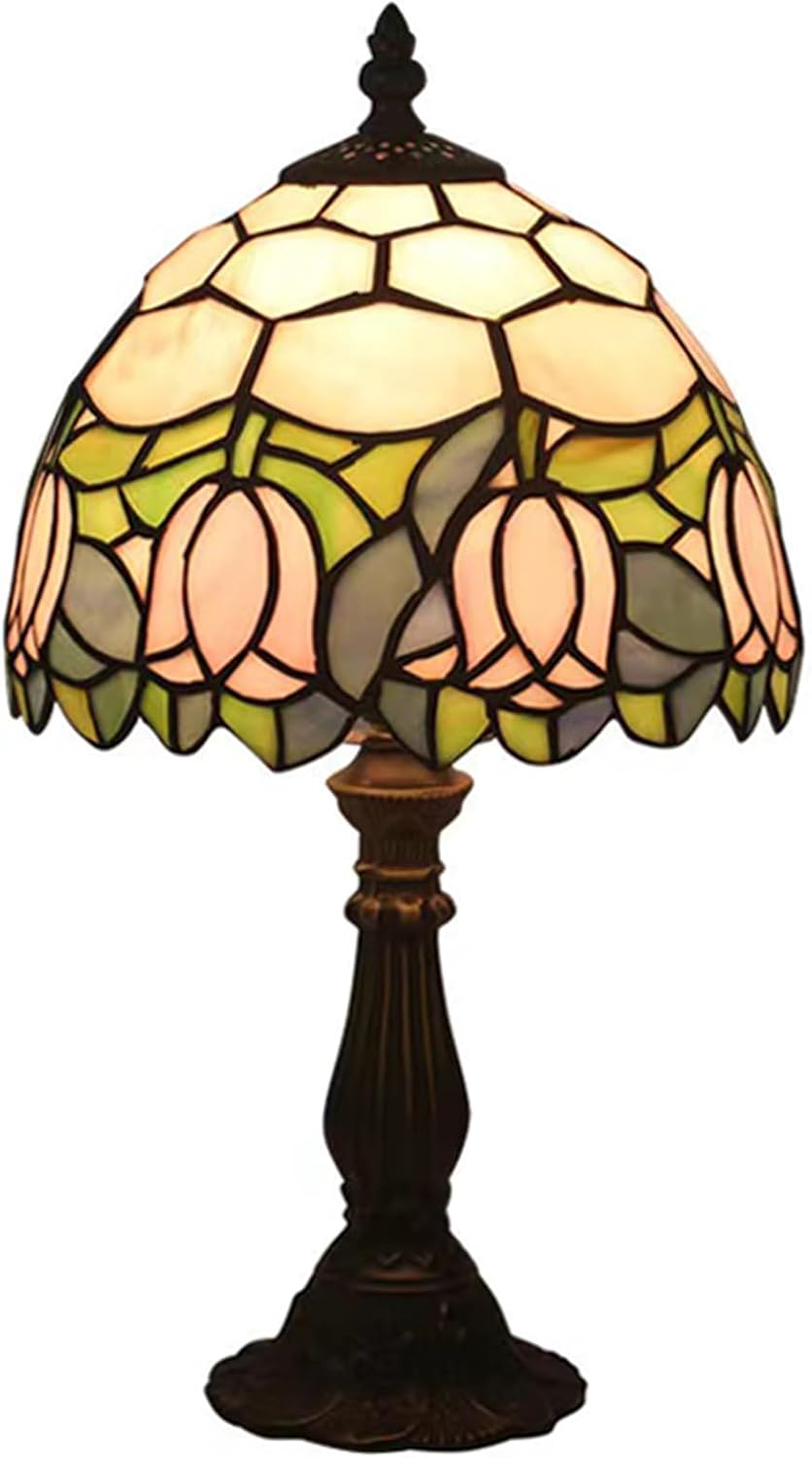Tiffany Style Table Lamp, Pink Tulip Stained Glass Lamp, 8 Inch Small Antique Lamp, for Bedside Nightstand Bedroom Living Room Home…