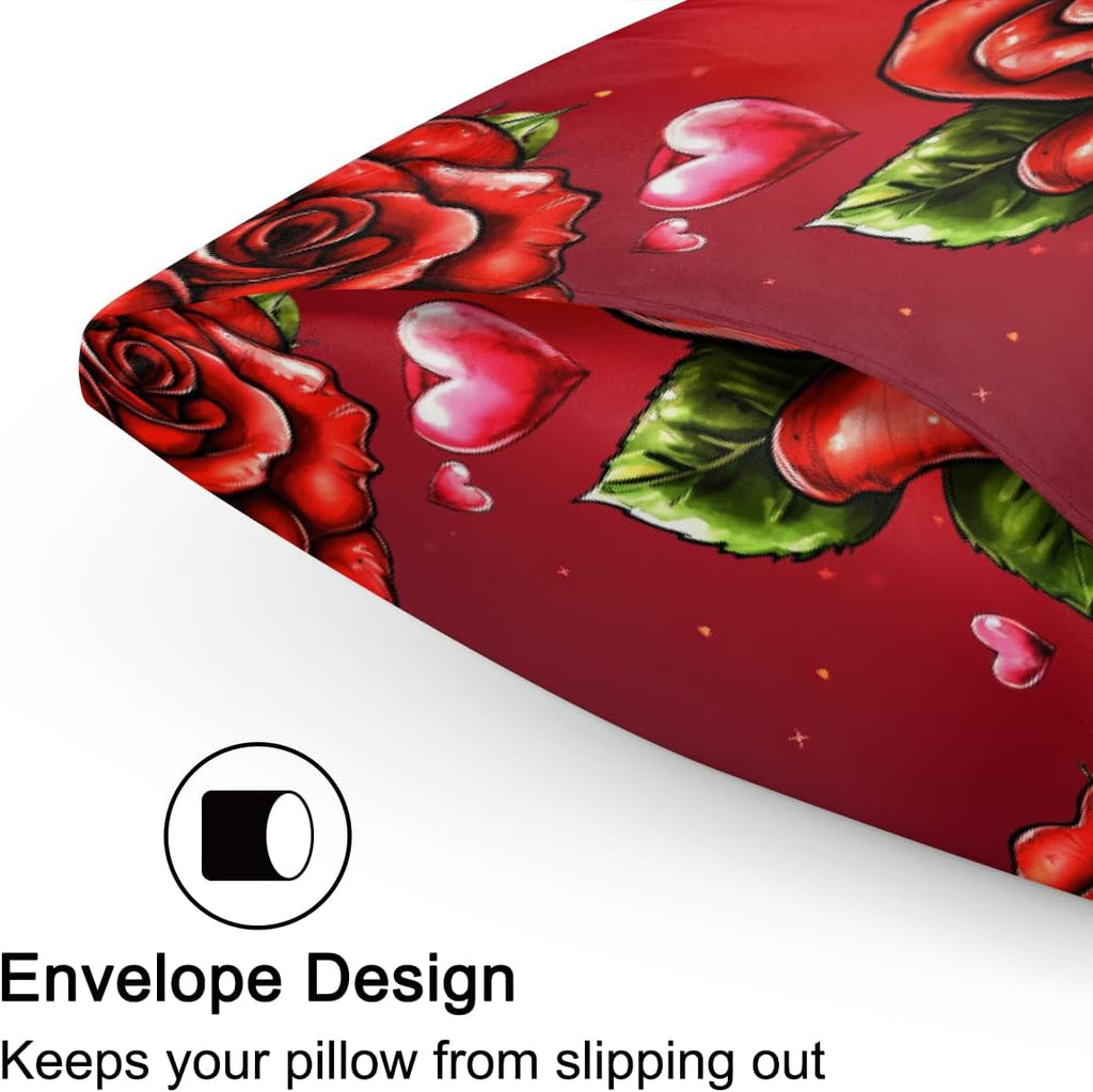 Valentine Red Roses Satin Silk Pillowcase for Hair & Skin Pillow Cases Standard Size Soft Silk Pillow Case with Envelope Closure Satin…