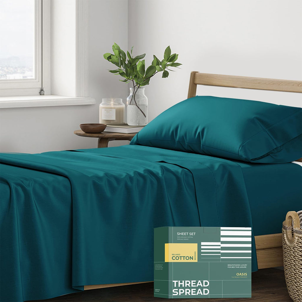 THREAD SPREAD 100% Organic Cotton Sheets Twin XL Size - 3 PC Organic Cotton Twin XL Size Percale Weave Sheet Set, Soft, Cooling, Crisp &…