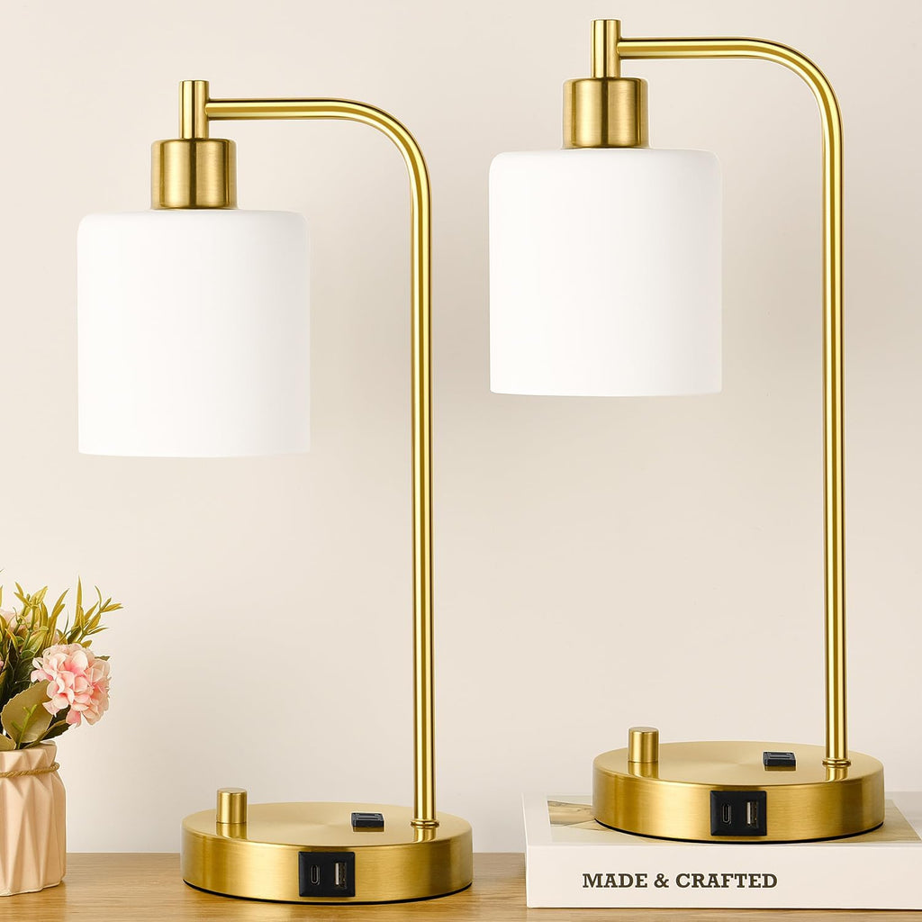 Lynnoland Set of 2 Industrial Table Lamps with USB C+A Ports and Outlet, Gold Fully Stepless Dimmable Bedside Lamps, Nightstand Lamp with…