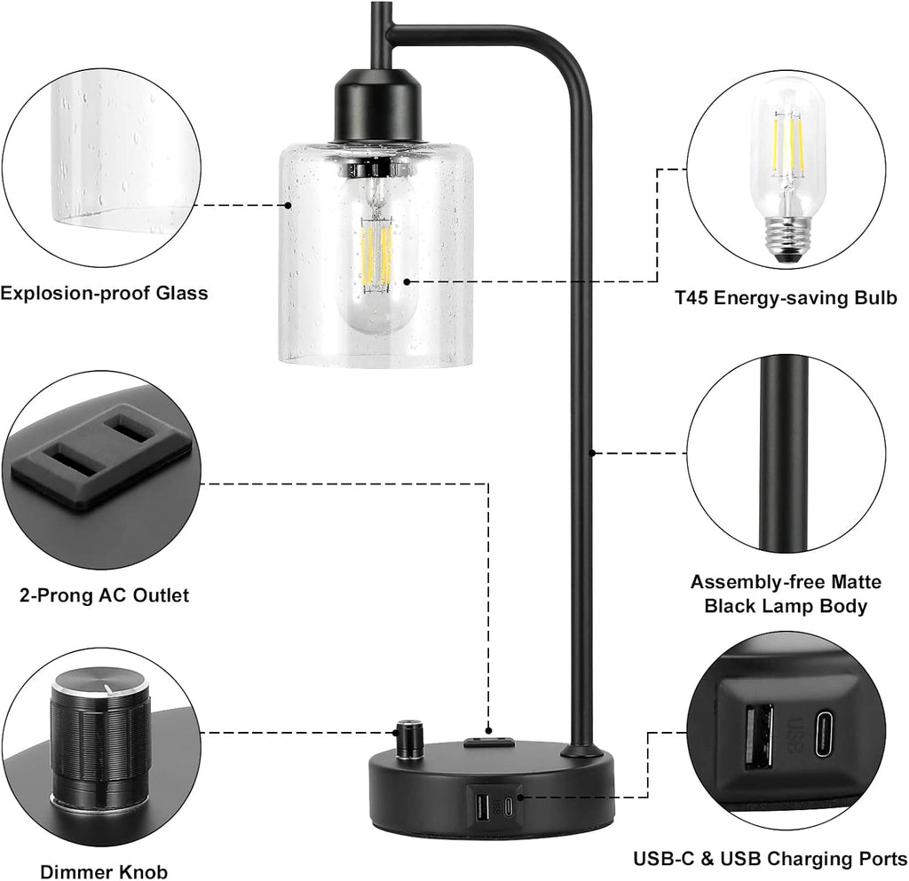 Industrial Table Lamps for Bedrooms Set of 2 - Fully Dimmable Bedside Lamps with USB A and C Ports and Outlet, Black Nightstand Lamps…