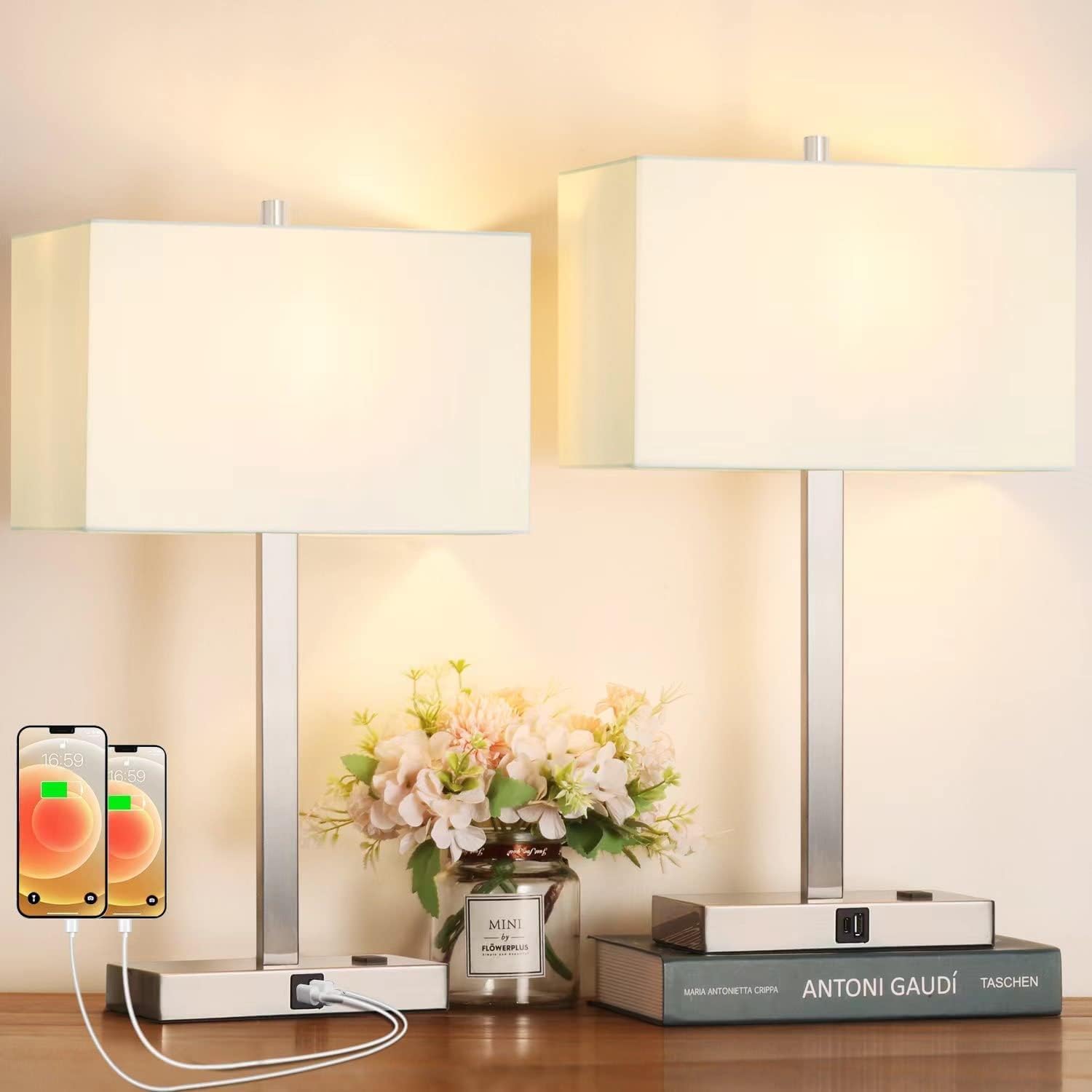 21" Touch Bedside lamps with 2 USB & AC Outlets, 3-Way Dimmable Bedside Table Lamps Set of 2 for Bedroom Living Room Office Reading…