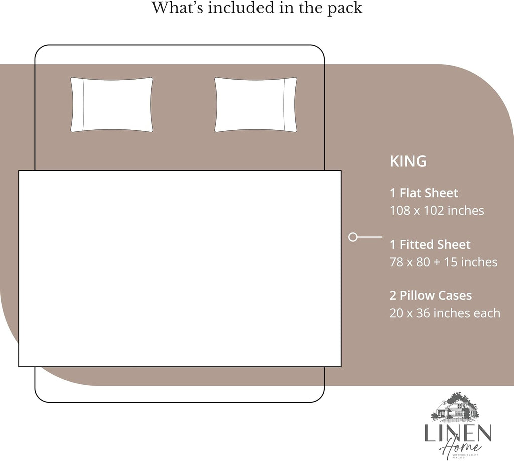 Linen Home 100% Cotton Percale Sheets King Size, Earthy Brown, Deep Pocket, 4 Pieces Set - 1 Flat, 1 Deep Pocket Fitted Sheet and 2…