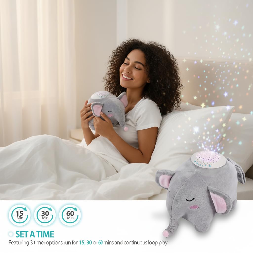 Berest Baby Elephant Soother Toy with Starry Night Light Projector, Shushing Heartbeat Plush Stuffed Animal with Lullaby Music & White Nois…