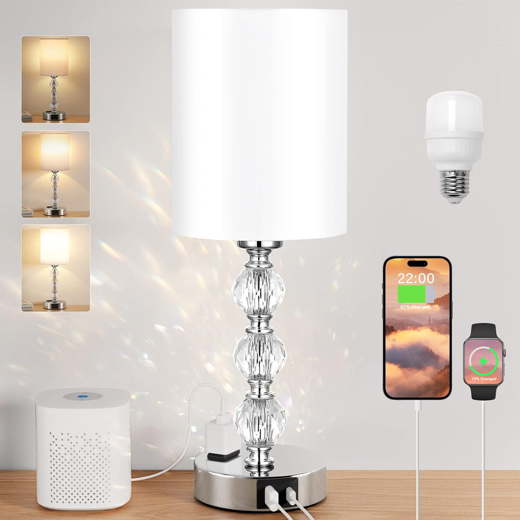 Touch Bedside Crystal Lamps for Bedrooms Nightstand with USB C+A Charging Port and AC Outlet White, 3 Way Dimmable Silver Small End Side…