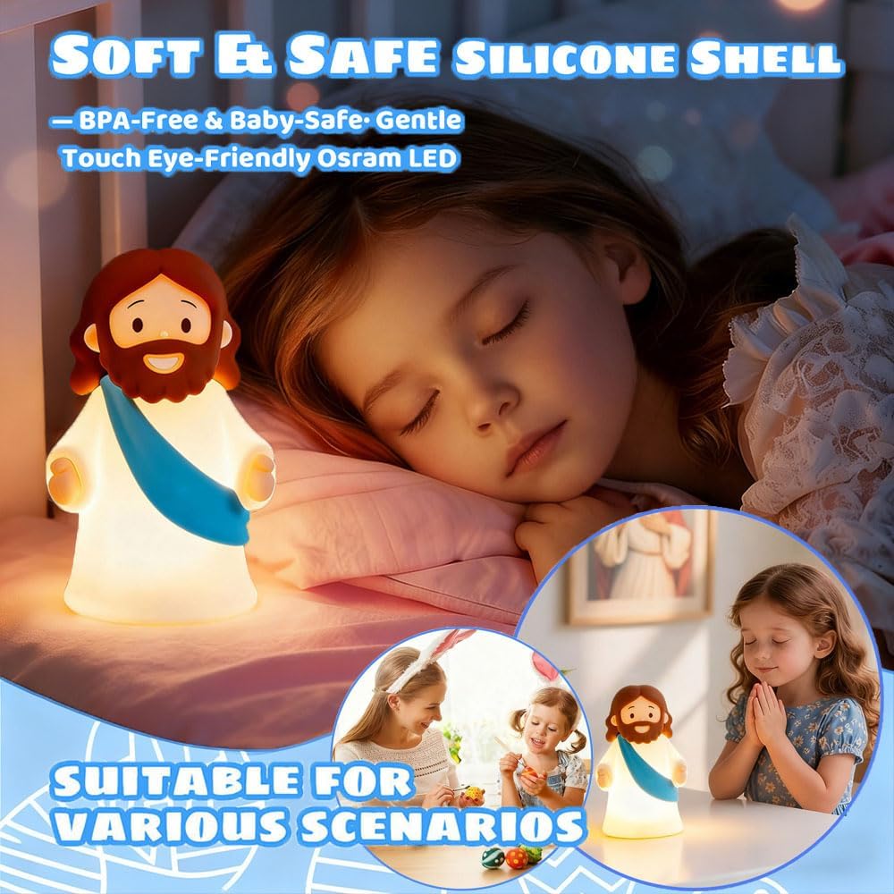 Jesus Night Light Rechargeable Bedside Night Light Dimmable Silicone LED Light Ideal for Religious Gatherings, Gifts for Sunday School…