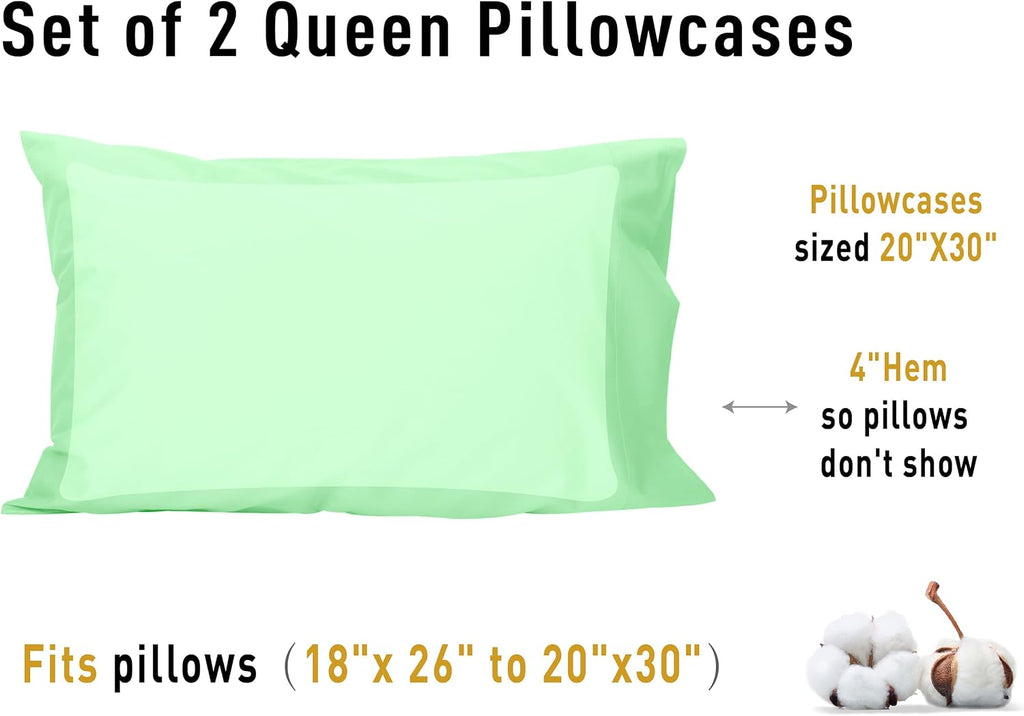 Sunflower Queen Pillowcases Set of 2, 100% Cotton Queen Size Pillow Cases 2, 20×30 inches Green Ash, Soft and Breathable