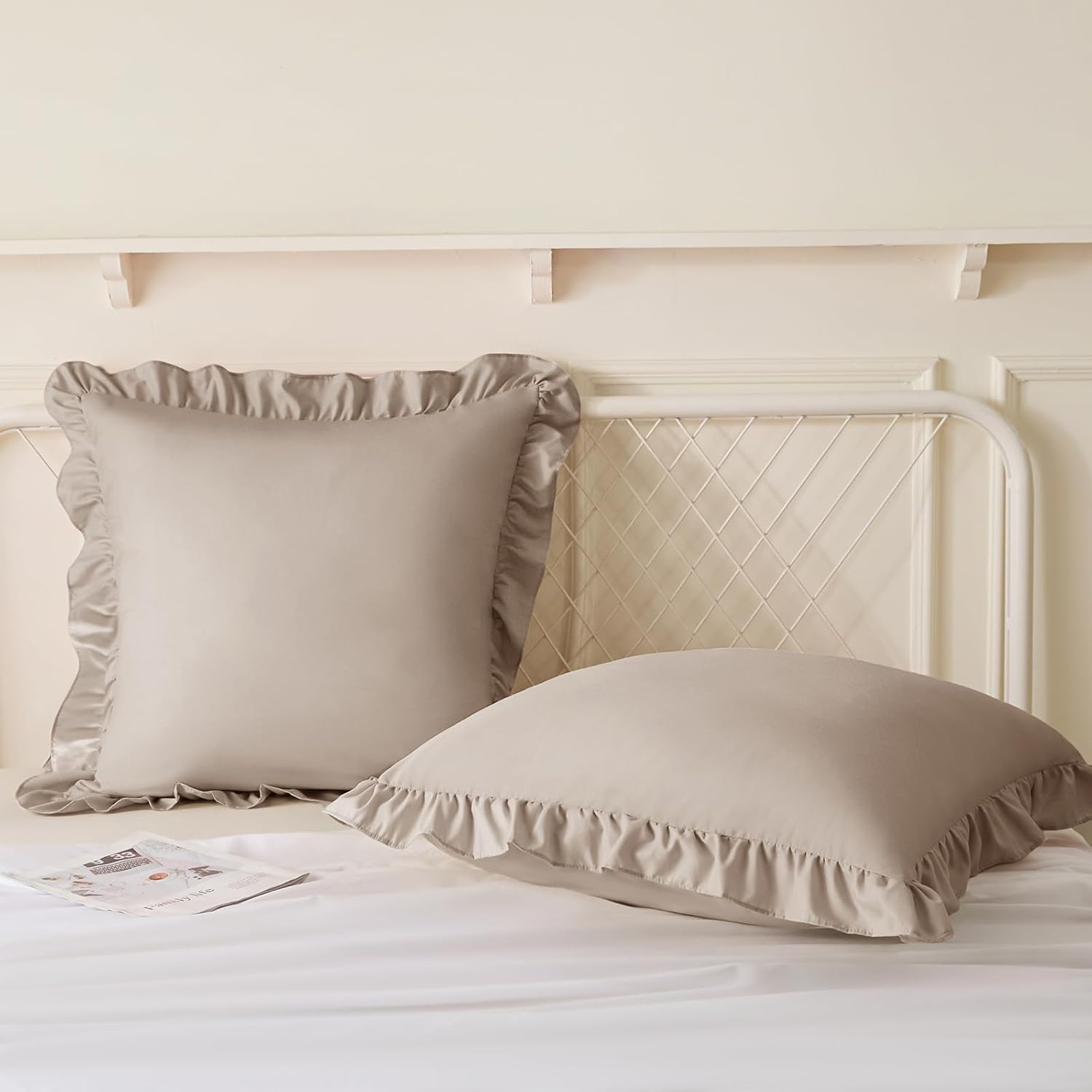 KKJIAF Ruffle Pillow Cases 26x26 Inches, Khaki Square Ruffled Pillow Covers Set of 2, Microfiber Wrinkle Resistant Pillow Shams with…